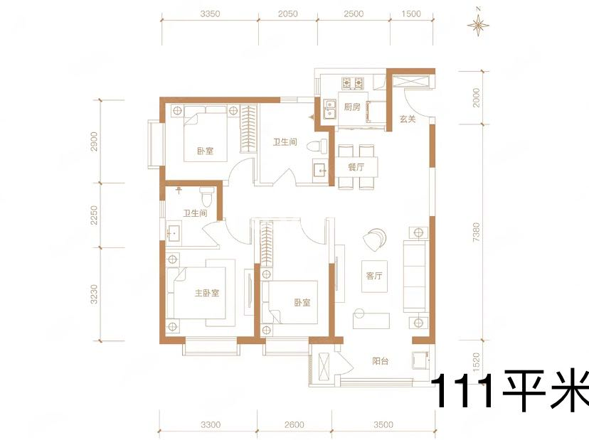 鼎诚悦玺户型图三室两厅两卫111㎡