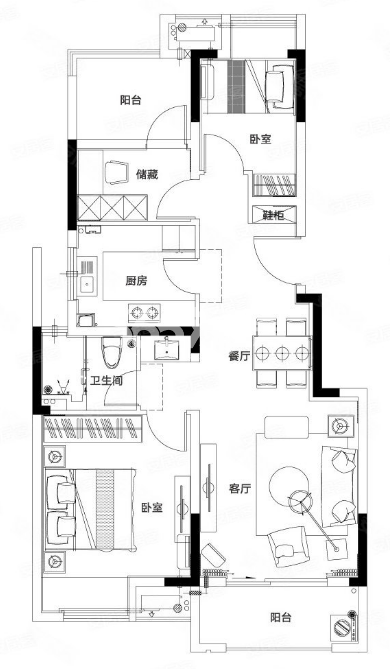 建面约90㎡2室2厅1卫