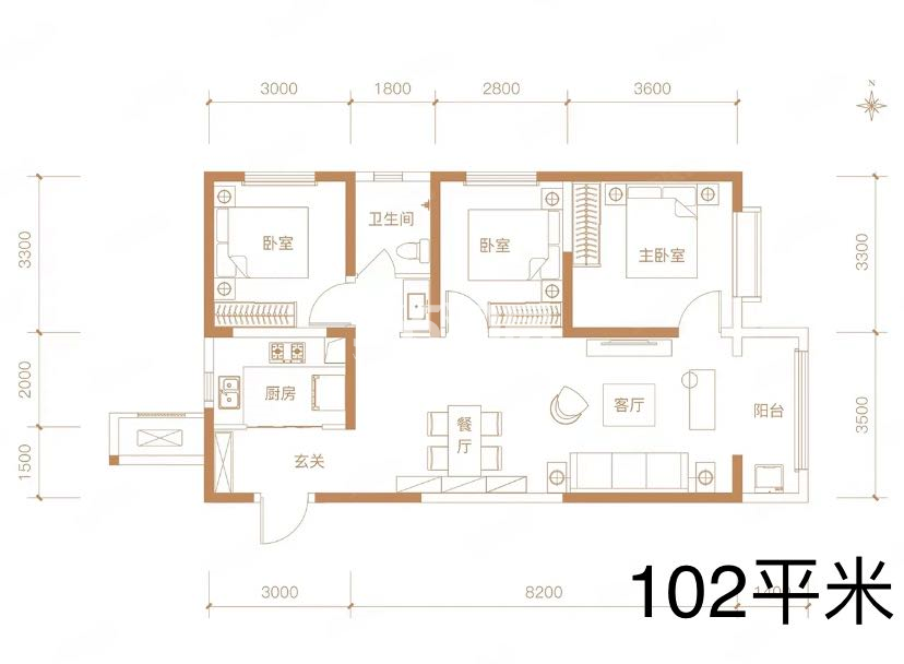 鼎诚悦玺户型图三室两厅一卫102㎡
