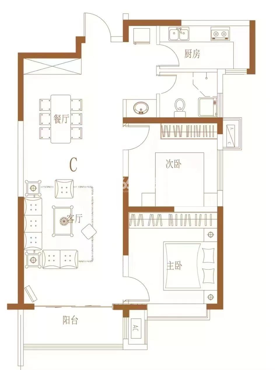 万象春天建面约98㎡两室两厅一厨一卫户型图