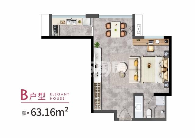 新兴天樾63.16㎡一室户型图