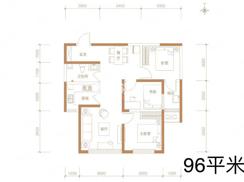 鼎诚悦玺户型图三室两厅一卫96㎡