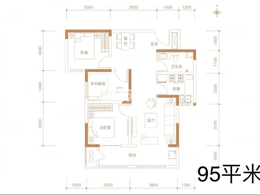 鼎诚悦玺户型图三室两厅一卫95㎡