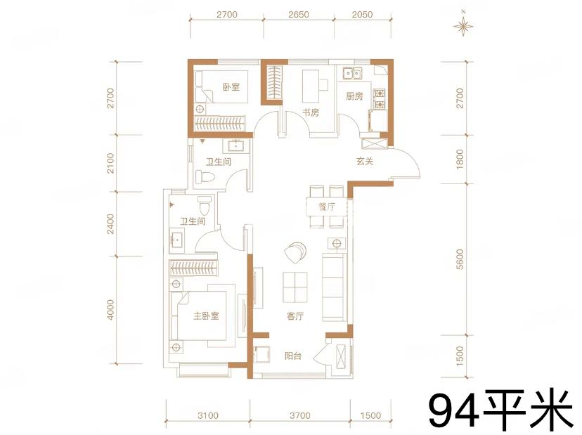 鼎诚悦玺户型图三室两厅一卫94㎡