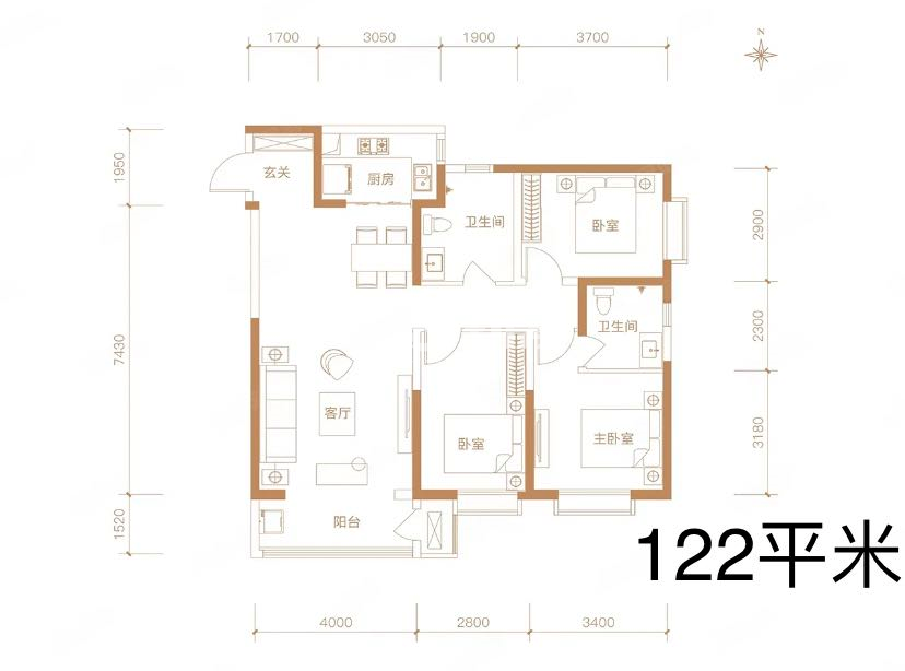 鼎诚悦玺户型图三室两厅两卫122㎡