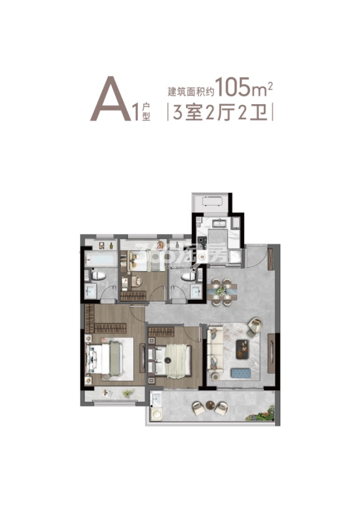 大悦繁华图建面约105平3室2厅2卫A1户型