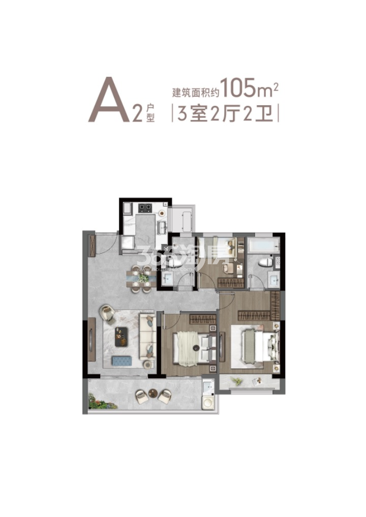 大悦繁华图建面约105平3室2厅2卫A2户型